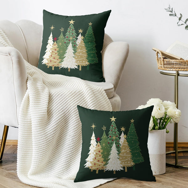 Christmas Pillow Covers 18X18 Set of 2, Dark Forest Green White Gold Xmas Tree Winter Decorative