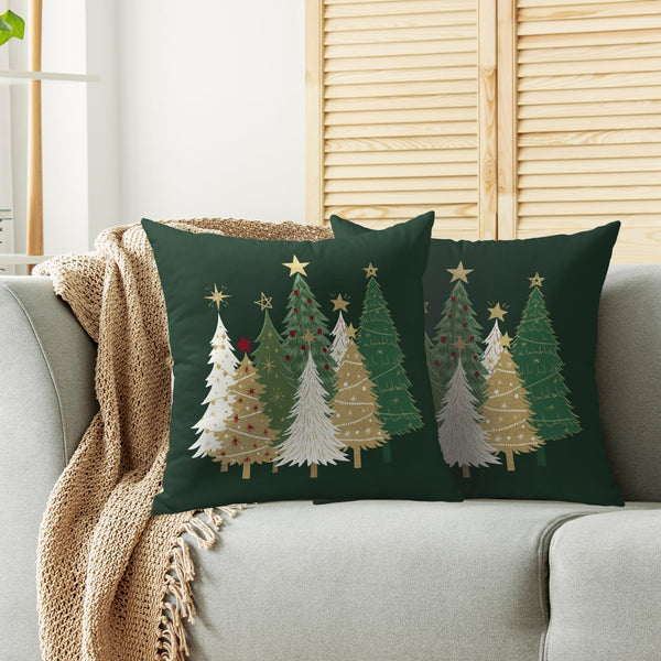 Christmas Pillow Covers 18X18 Set of 2, Dark Forest Green White Gold Xmas Tree Winter Decorative