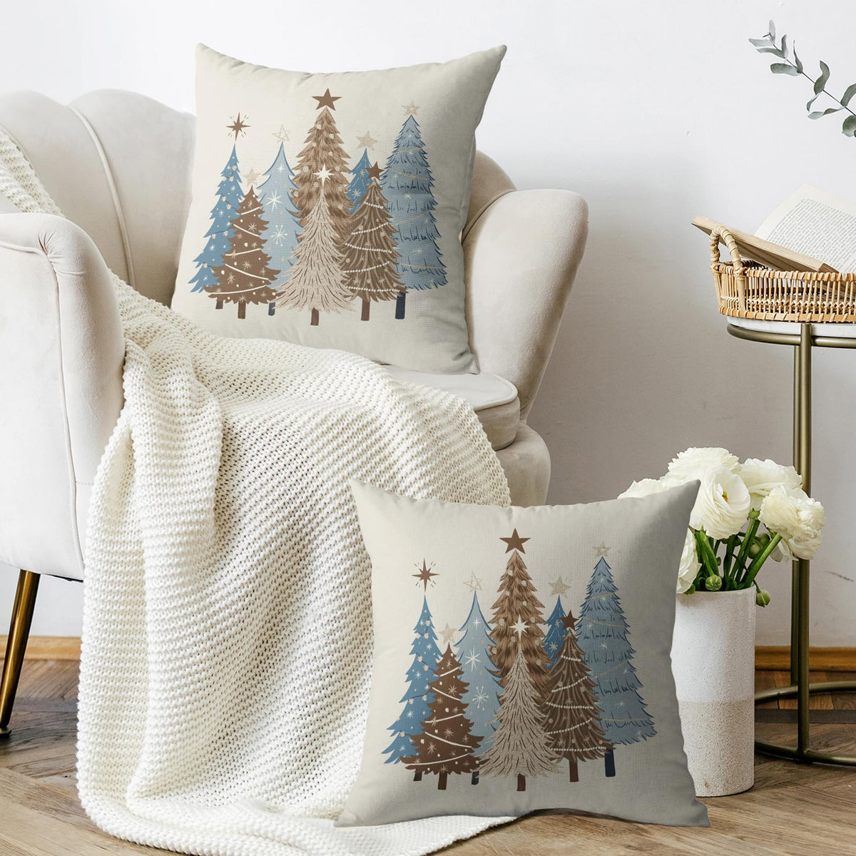 Christmas Pillow Covers 18X18 Set of 2, Brown Blue Xmas Tree Winter Holiday