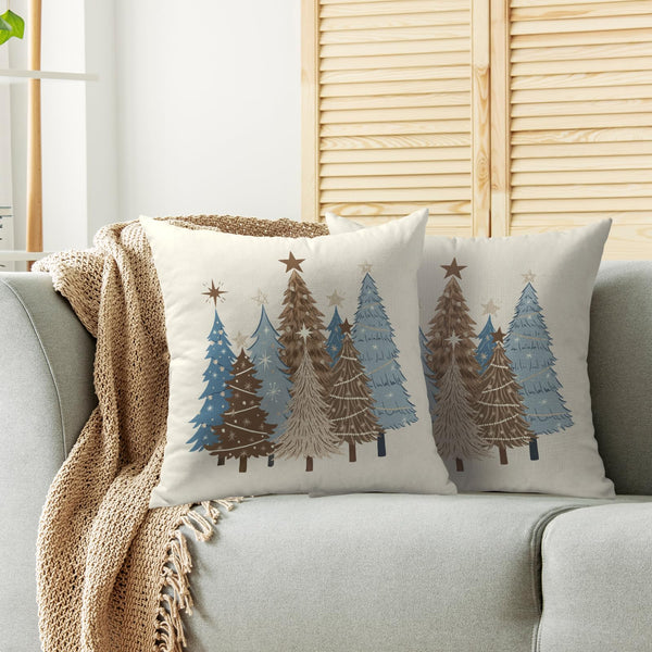 Christmas Pillow Covers 18X18 Set of 2, Brown Blue Xmas Tree Winter Holiday