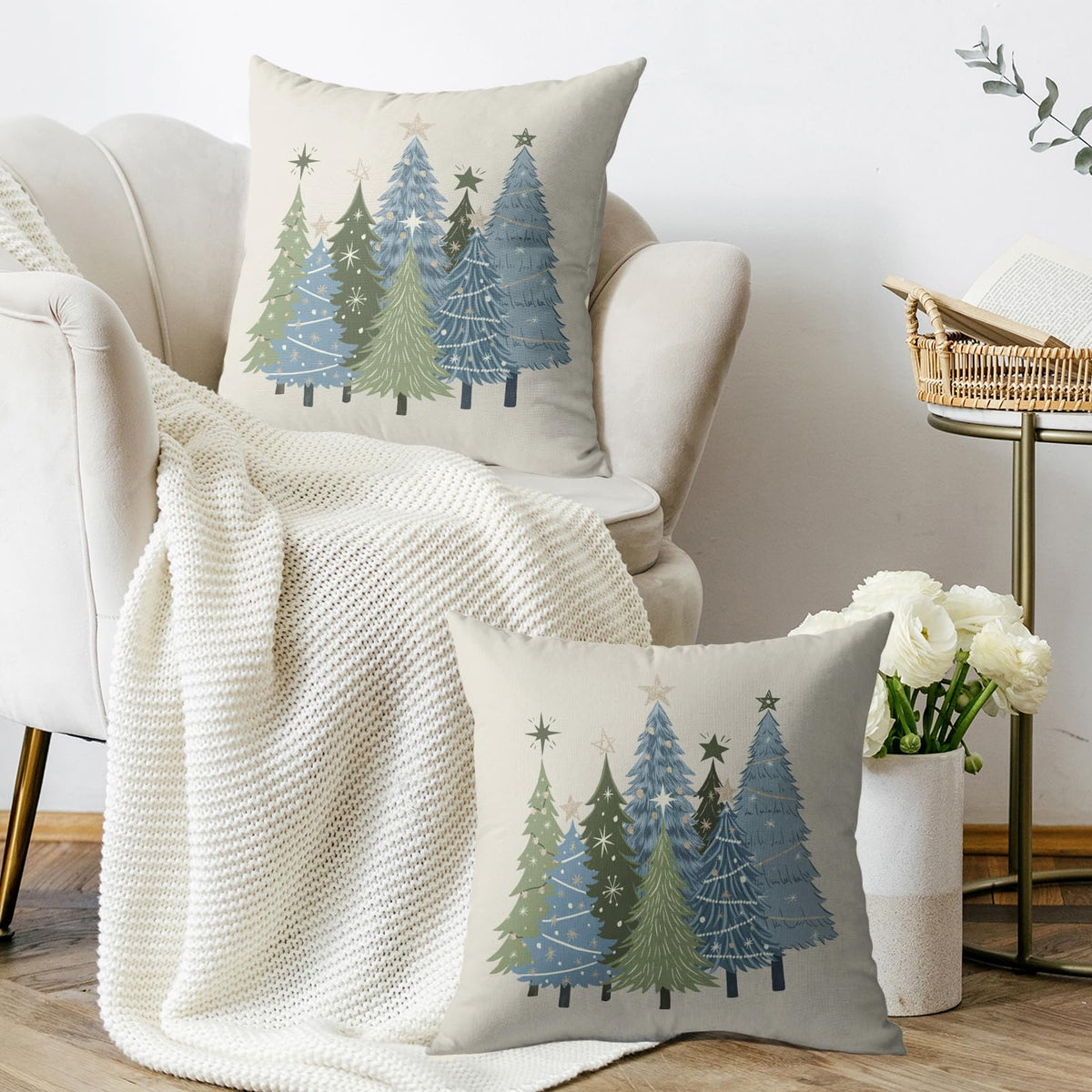 Christmas Pillow Covers 18X18 Set of 2, Sage Green Blue Xmas Tree Winter Holiday Theme Print