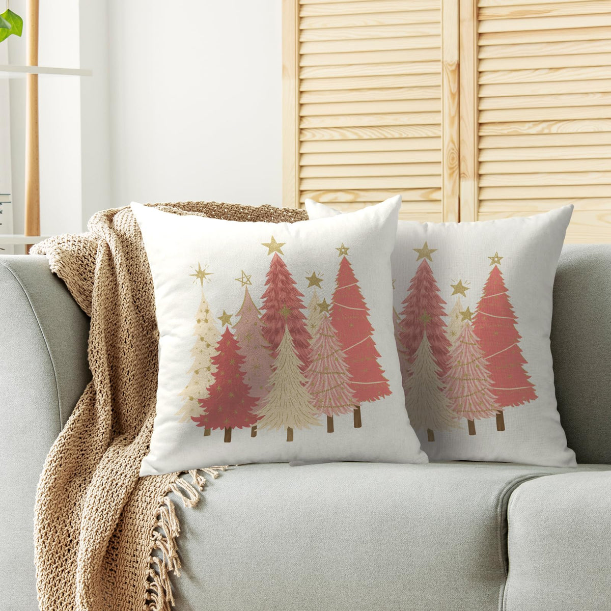 Christmas Pillow Covers 18X18 Set of 2, Pink Gold Beige Xmas Tree Print