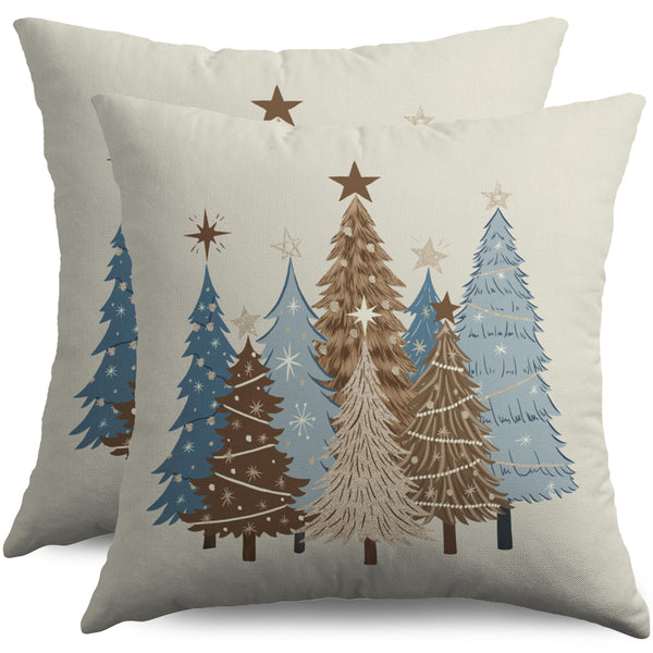 Christmas Pillow Covers 18X18 Set of 2, Brown Blue Xmas Tree Winter Holiday