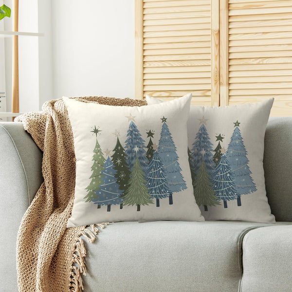Christmas Pillow Covers 18X18 Set of 2, Sage Green Blue Xmas Tree Winter Holiday Theme Print