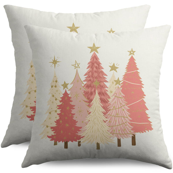 Christmas Pillow Covers 18X18 Set of 2, Pink Gold Beige Xmas Tree Print