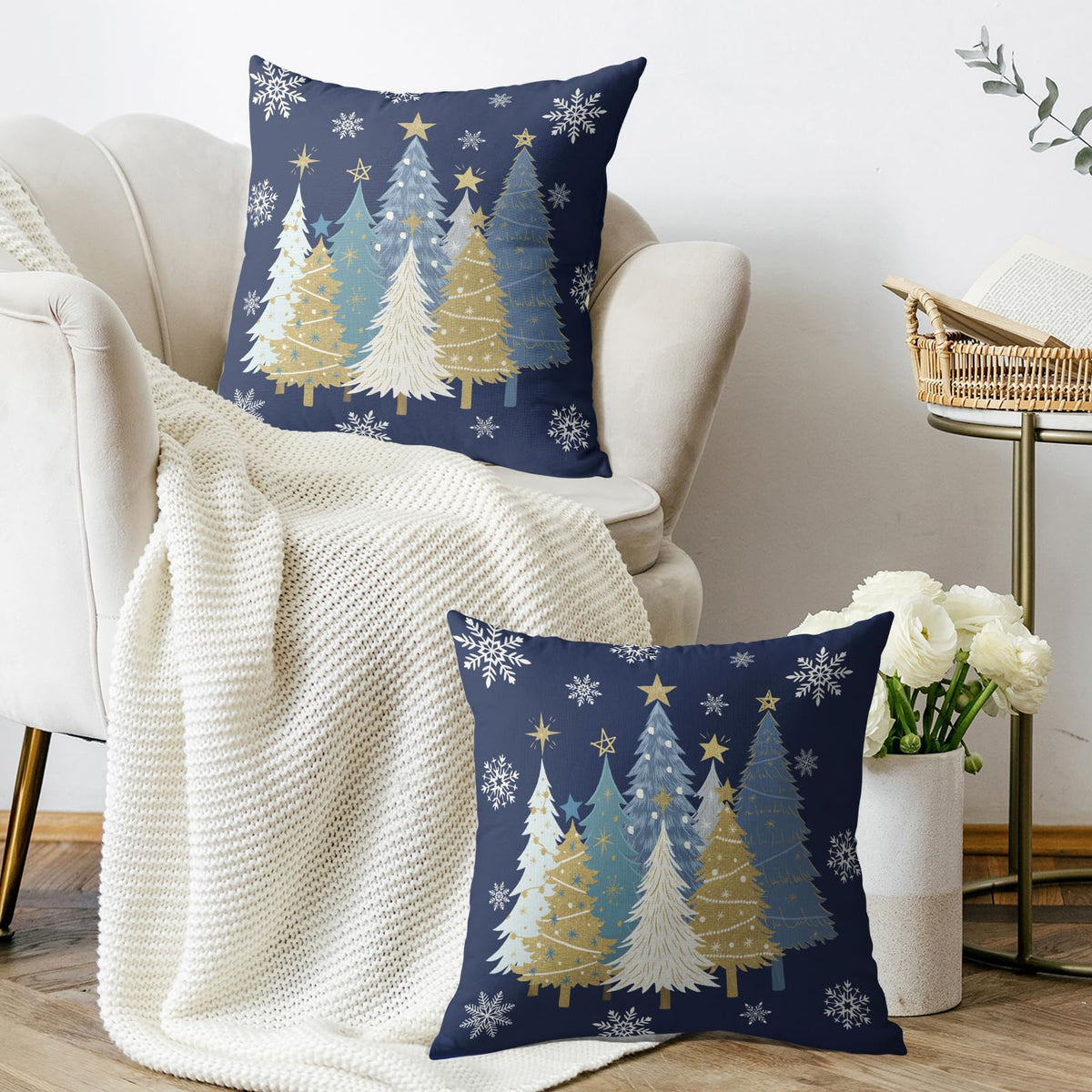 Christmas Pillow Covers 18X18 Set of 2, Blue White Gold Xmas Tree Snowflake Blue Winter Holiday