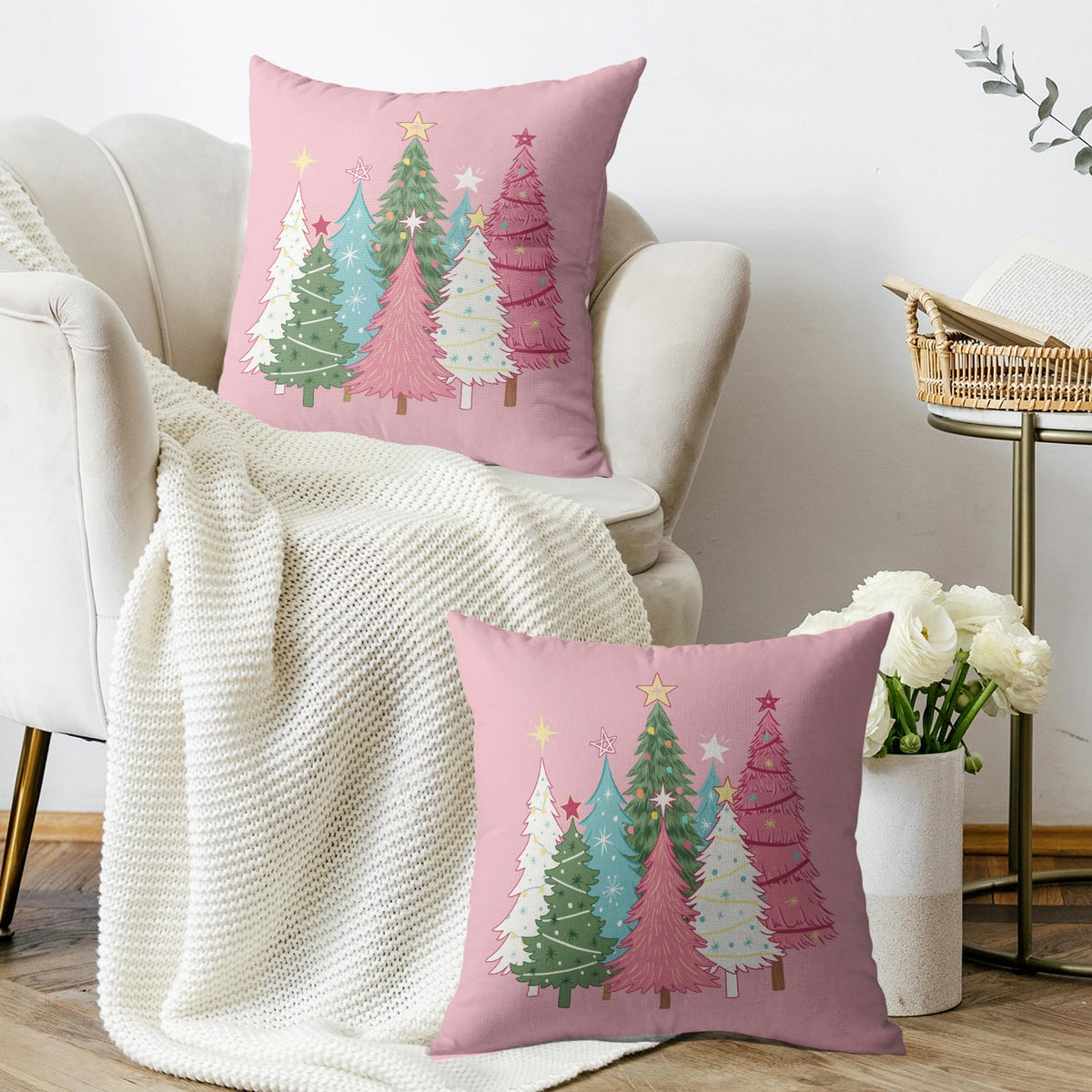 Pink Christmas Pillow Covers 18X18 Set of 2, Colorful Xmas Tree Print Winter