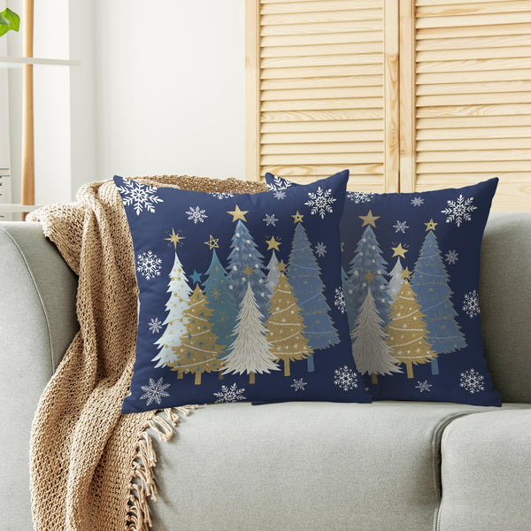 Christmas Pillow Covers 18X18 Set of 2, Blue White Gold Xmas Tree Snowflake Blue Winter Holiday