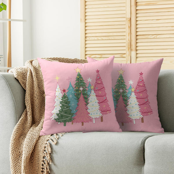 Pink Christmas Pillow Covers 18X18 Set of 2, Colorful Xmas Tree Print Winter