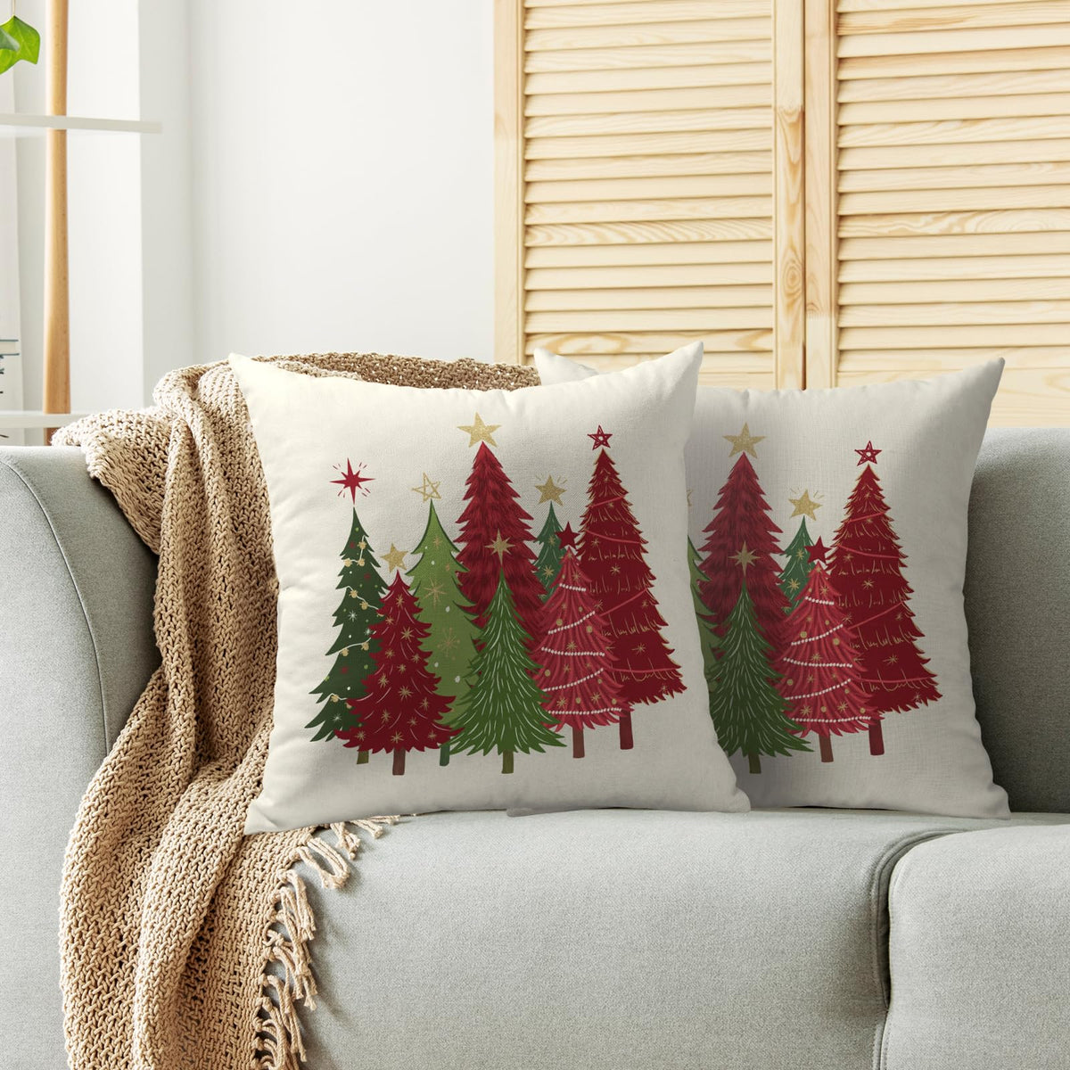 Christmas Pillow Covers 18X18 Set of 2, Red Green Xmas Tree Winter Holiday