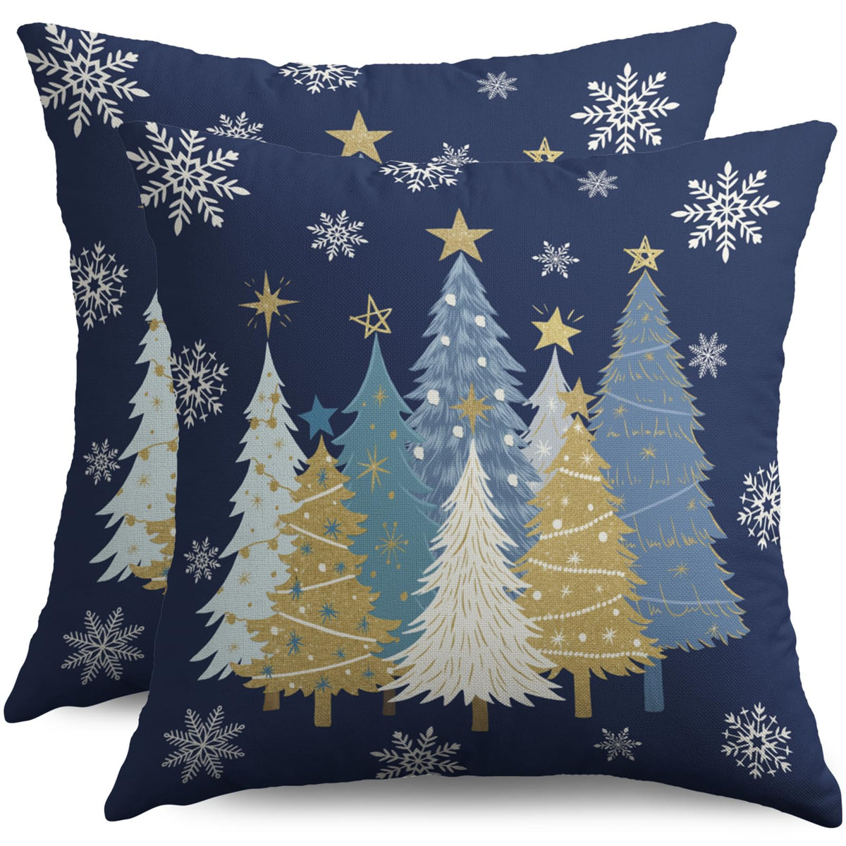 Christmas Pillow Covers 18X18 Set of 2, Blue White Gold Xmas Tree Snowflake Blue Winter Holiday