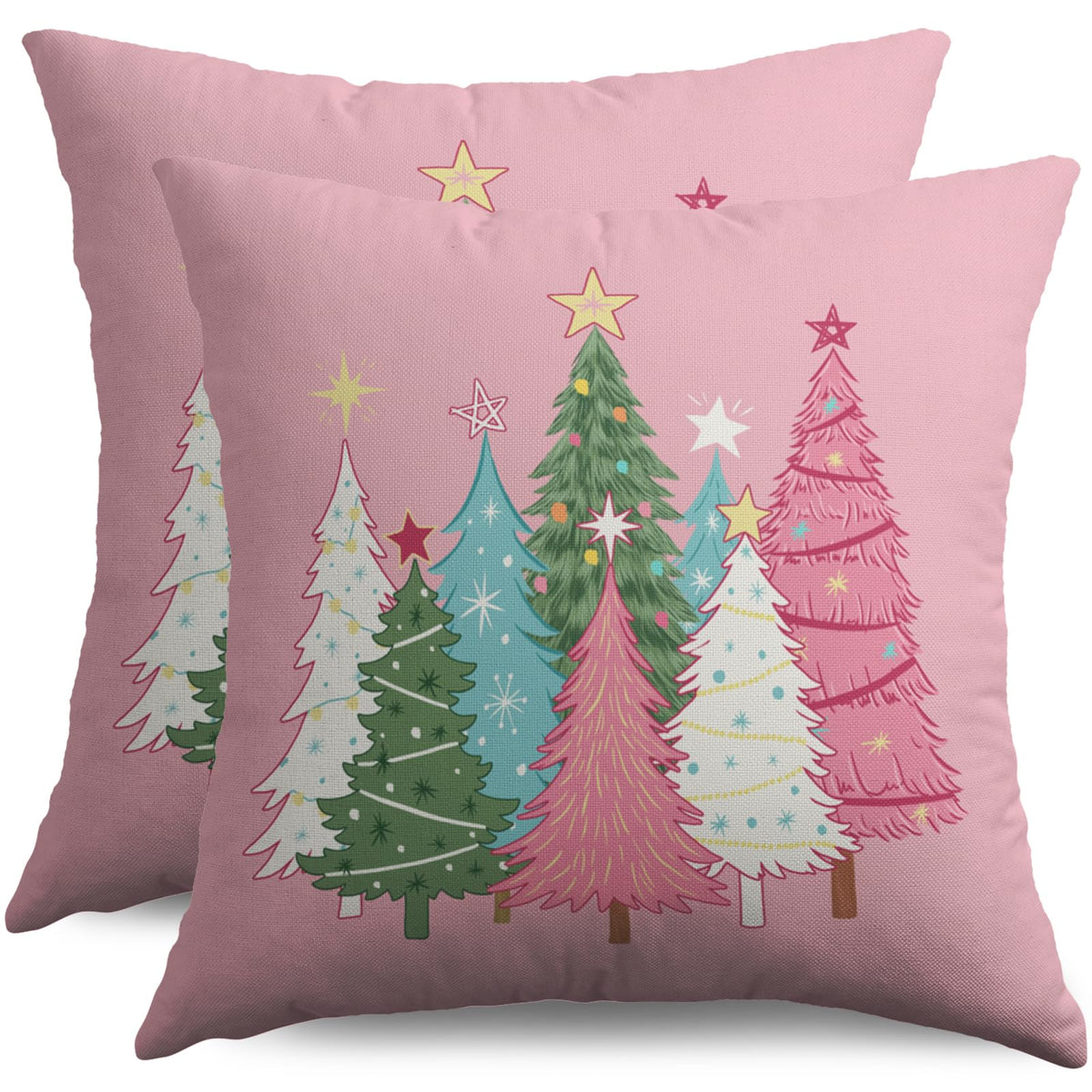 Pink Christmas Pillow Covers 18X18 Set of 2, Colorful Xmas Tree Print Winter