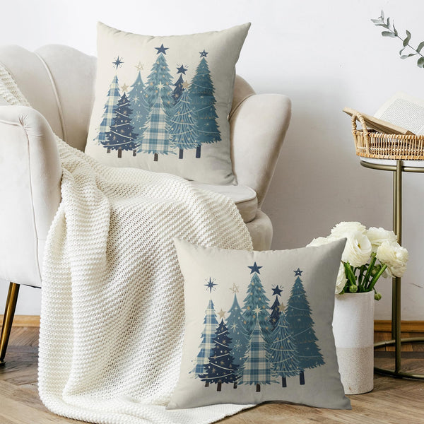 Christmas Pillow Covers 18X18 Set of 2, Blue Buffalo Plaid Xmas Tree Winter Holiday Theme Print