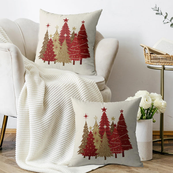 Christmas Pillow Covers 18X18 Set of 2, Red Gold Brown Xmas Tree Winter