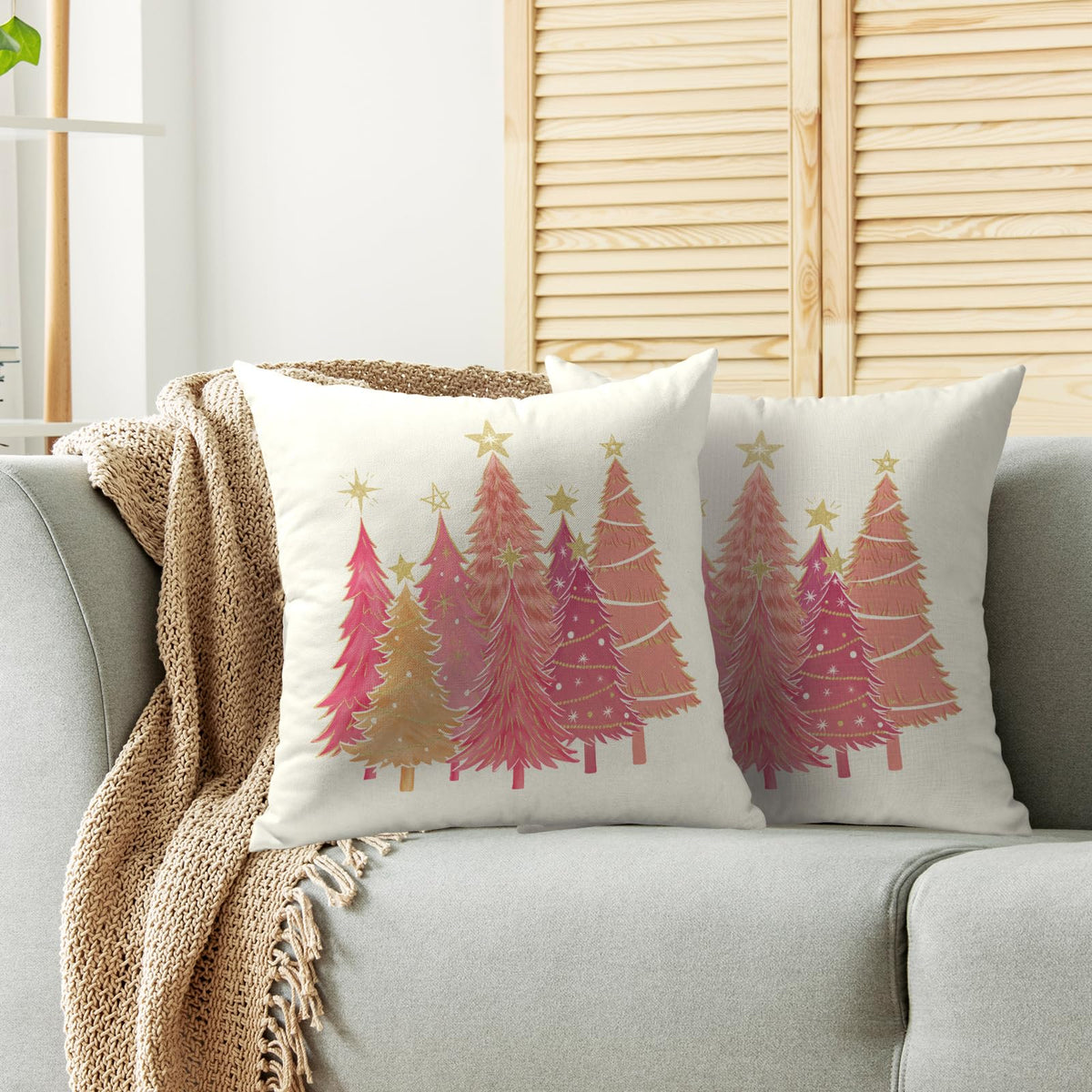 Christmas Pillow Covers 18X18 Set of 2, Hot Pink Gold Yellow Xmas Tree Print