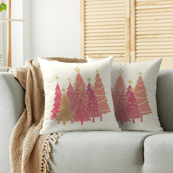 Christmas Pillow Covers 18X18 Set of 2, Hot Pink Gold Yellow Xmas Tree Print