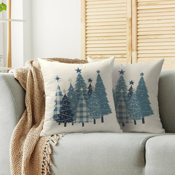Christmas Pillow Covers 18X18 Set of 2, Blue Buffalo Plaid Xmas Tree Winter Holiday Theme Print