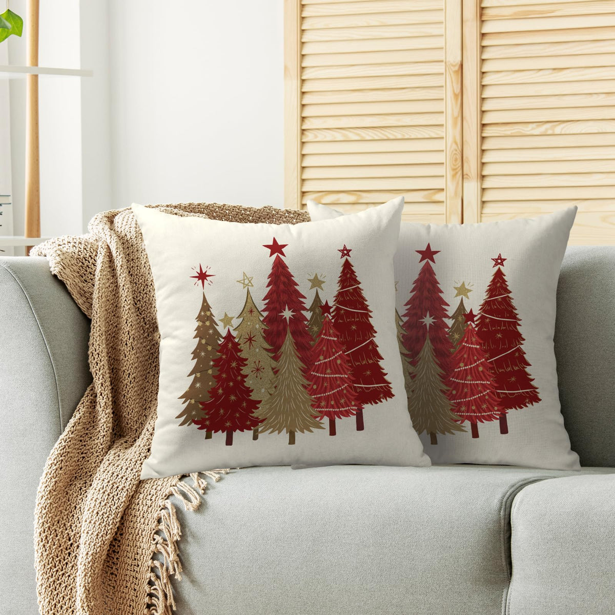 Christmas Pillow Covers 18X18 Set of 2, Red Gold Brown Xmas Tree Winter
