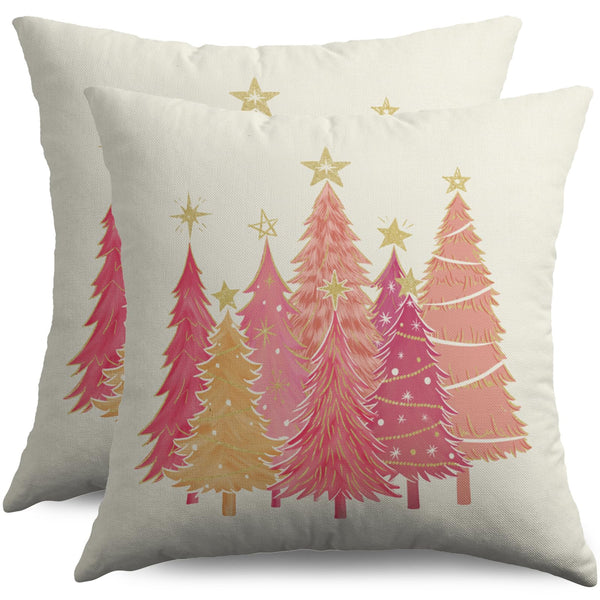 Christmas Pillow Covers 18X18 Set of 2, Hot Pink Gold Yellow Xmas Tree Print
