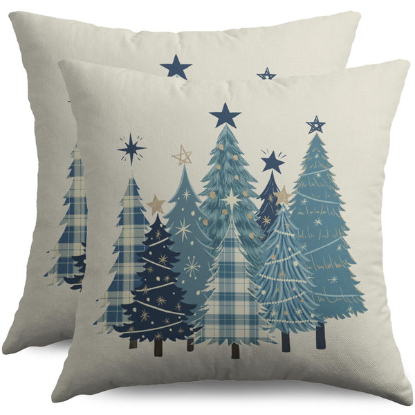 Christmas Pillow Covers 18X18 Set of 2, Blue Buffalo Plaid Xmas Tree Winter Holiday Theme Print