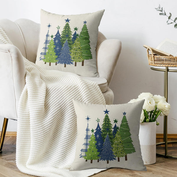 Christmas Pillow Covers 18X18 Set of 2, Green Blue Xmas Tree Buffalo Plaid Print