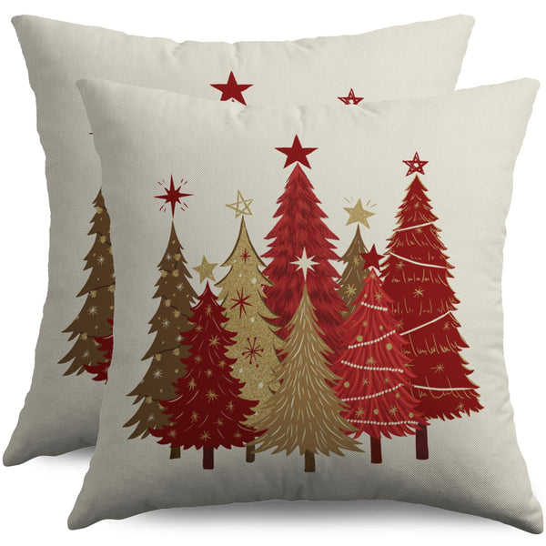 Christmas Pillow Covers 18X18 Set of 2, Red Gold Brown Xmas Tree Winter