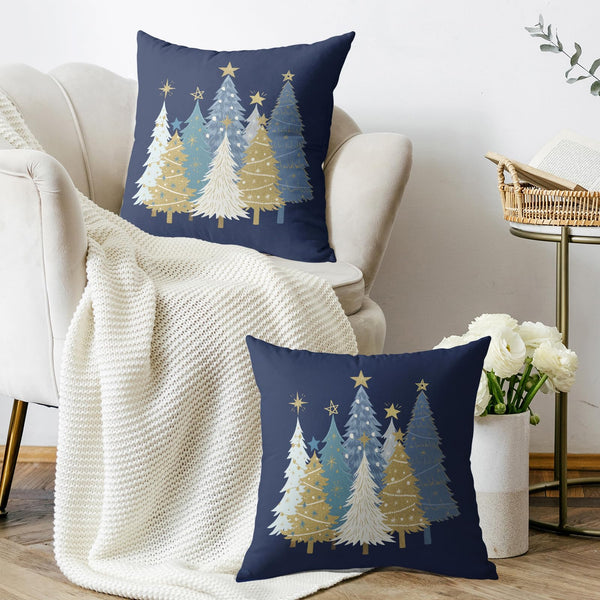 Blue Christmas Pillow Covers 18X18 Set of 2, Winter Light Blue White Gold Xmas Tree Decorative