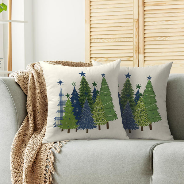 Christmas Pillow Covers 18X18 Set of 2, Green Blue Xmas Tree Buffalo Plaid Print