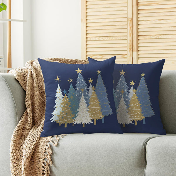 Blue Christmas Pillow Covers 18X18 Set of 2, Winter Light Blue White Gold Xmas Tree Decorative