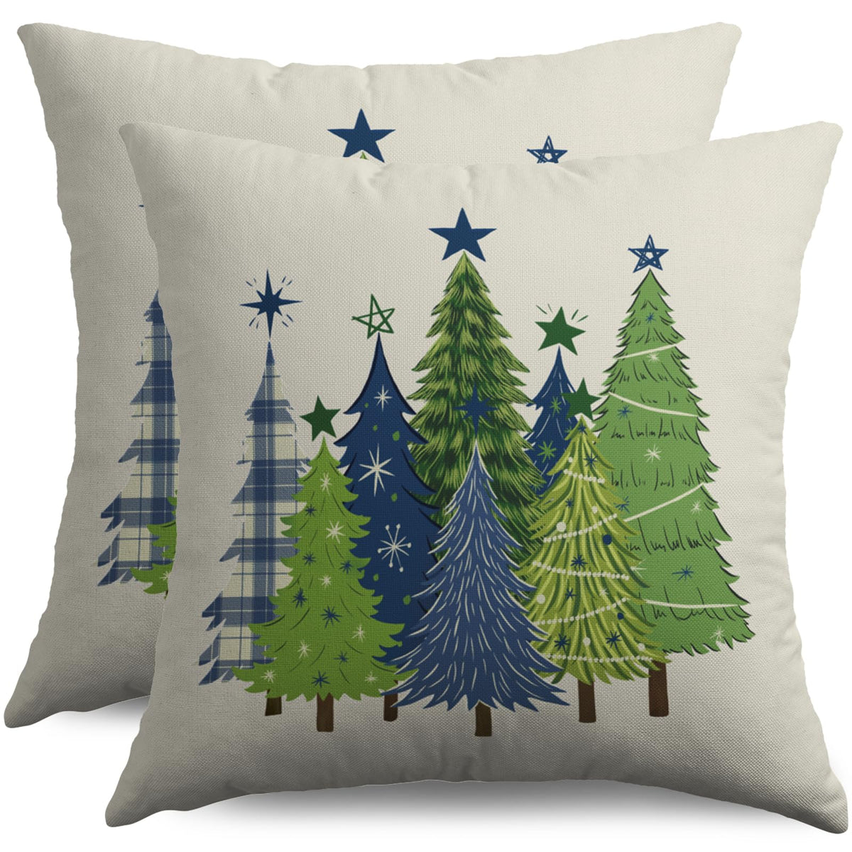 Christmas Pillow Covers 18X18 Set of 2, Green Blue Xmas Tree Buffalo Plaid Print