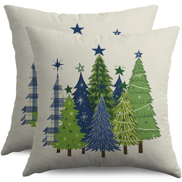 Christmas Pillow Covers 18X18 Set of 2, Green Blue Xmas Tree Buffalo Plaid Print