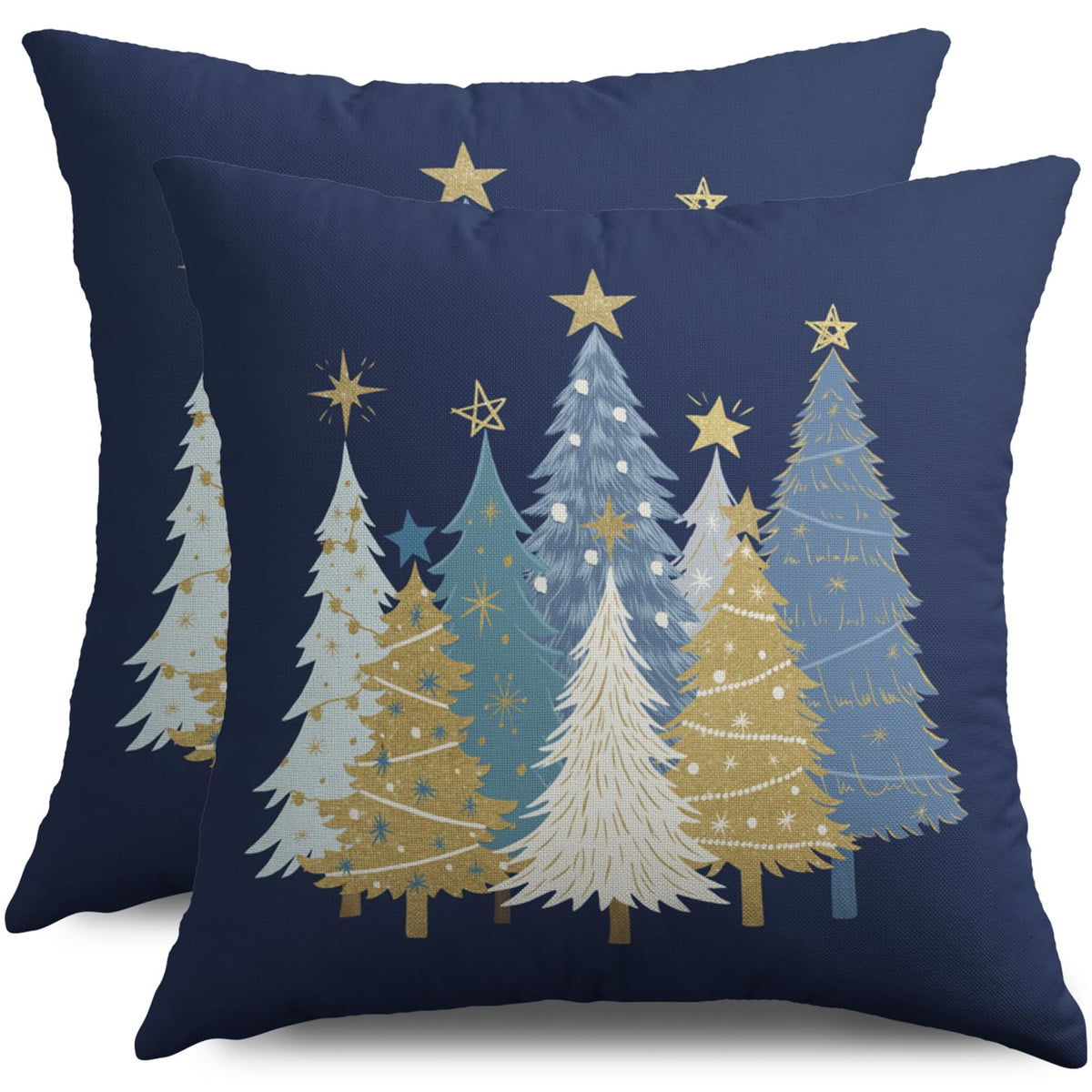 Blue Christmas Pillow Covers 18X18 Set of 2, Winter Light Blue White Gold Xmas Tree Decorative