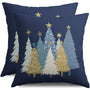 Blue Christmas Pillow Covers 18X18 Set of 2, Winter Light Blue White Gold Xmas Tree Decorative
