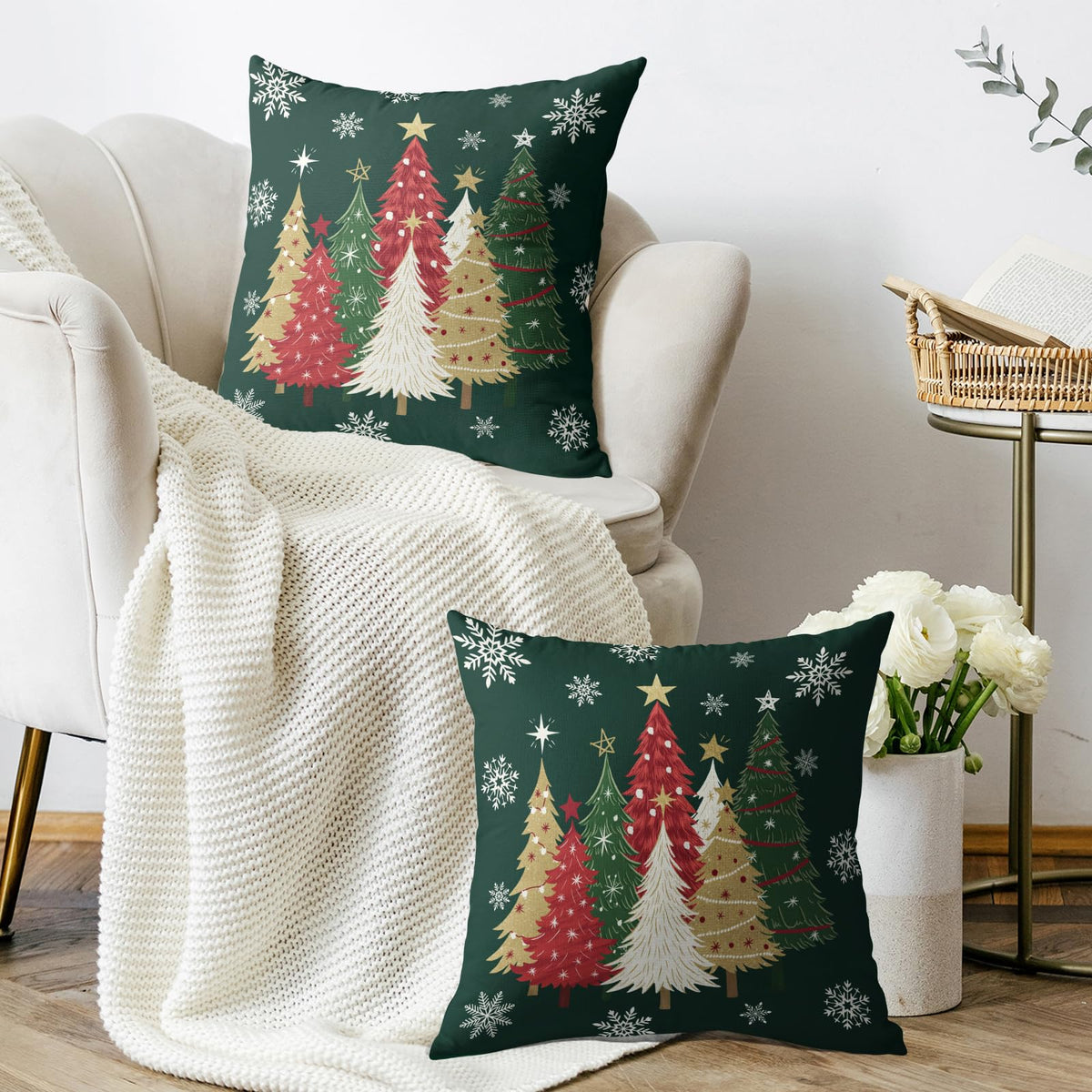 Christmas Pillow Covers 18X18 Set of 2, Dark Forest Green White Gold Xmas Tree Winter Decorative (Copy)