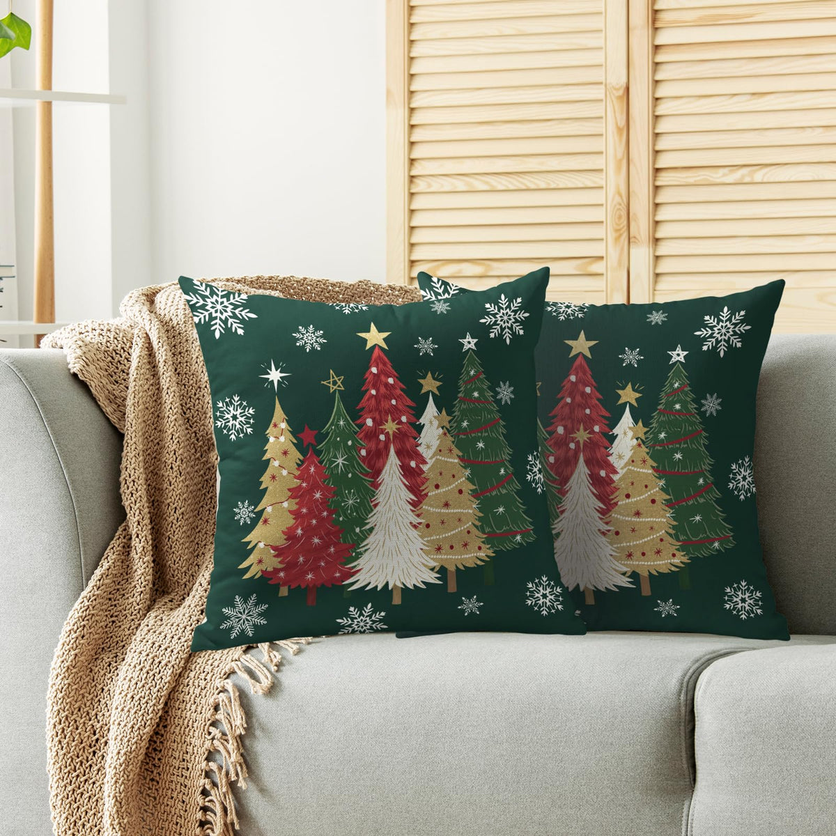 Christmas Pillow Covers 18X18 Set of 2, Dark Forest Green White Gold Xmas Tree Winter Decorative (Copy)