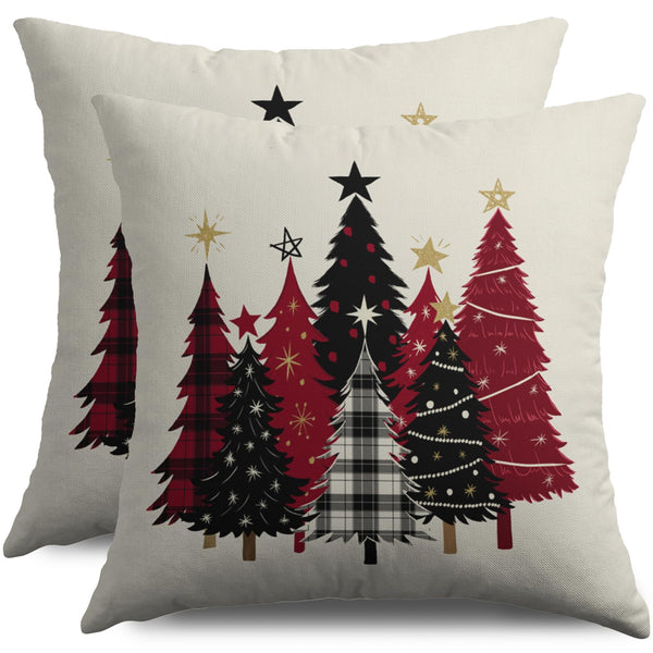 Black and Red Christmas Pillow Covers 18X18 Set of 2, Xmas Plaid Tree Winter Decorative