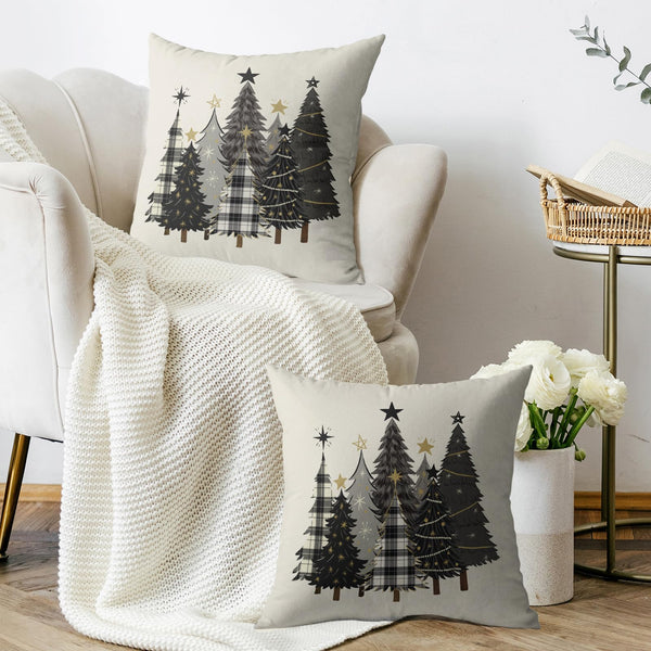 Christmas Pillow Covers 18X18 Set of 2, Black Gray Xmas Tree Buffalo Plaid Decorative