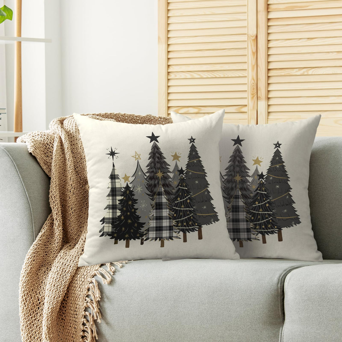 Christmas Pillow Covers 18X18 Set of 2, Black Gray Xmas Tree Buffalo Plaid Decorative