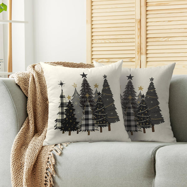 Christmas Pillow Covers 18X18 Set of 2, Black Gray Xmas Tree Buffalo Plaid Decorative