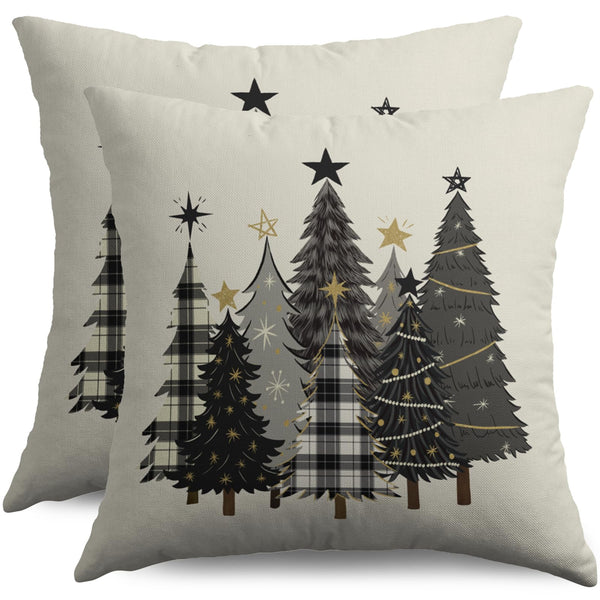 Christmas Pillow Covers 18X18 Set of 2, Black Gray Xmas Tree Buffalo Plaid Decorative