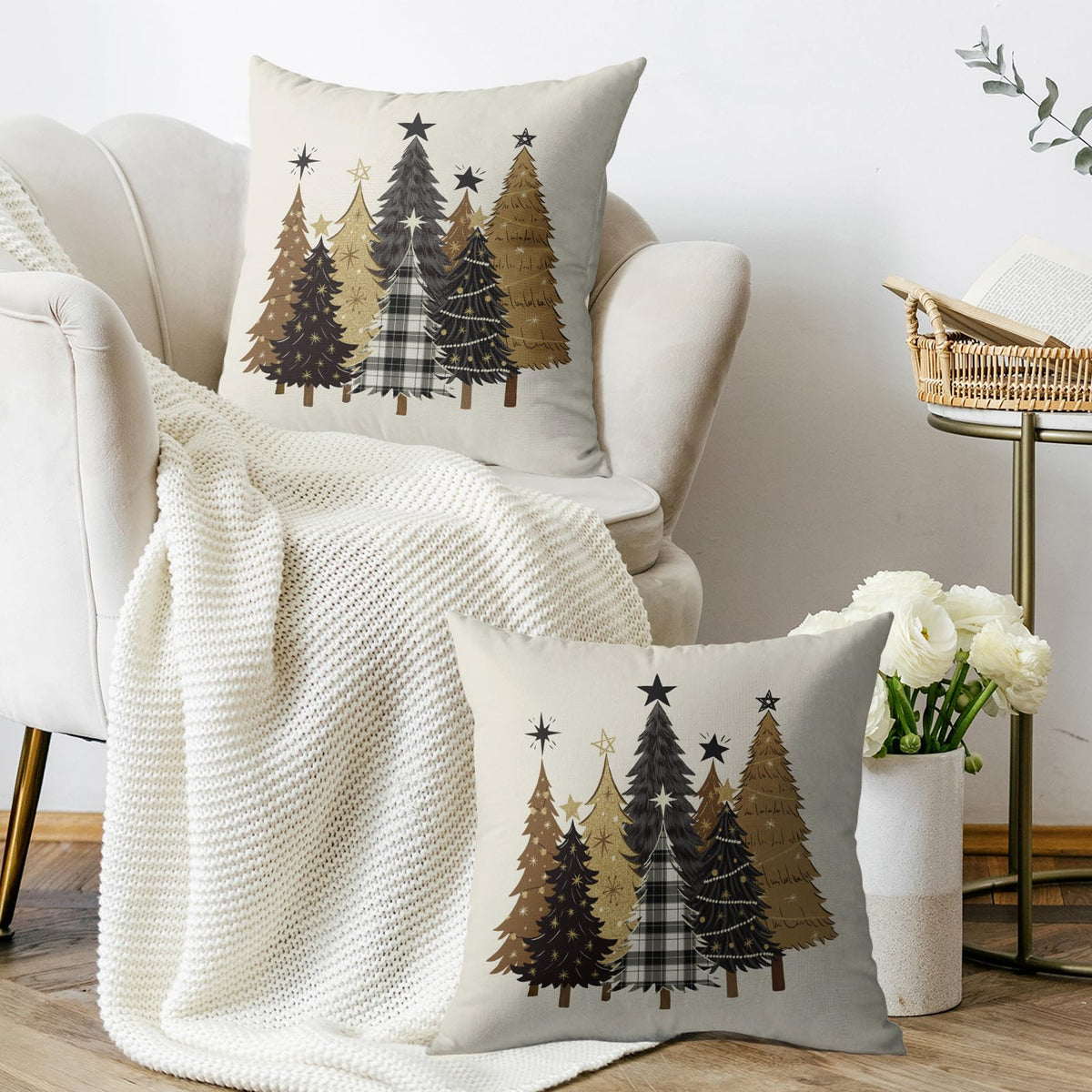 Christmas Pillow Covers 18X18 Set of 2, Black Gold Brown Xmas Tree Buffalo Plaid Print