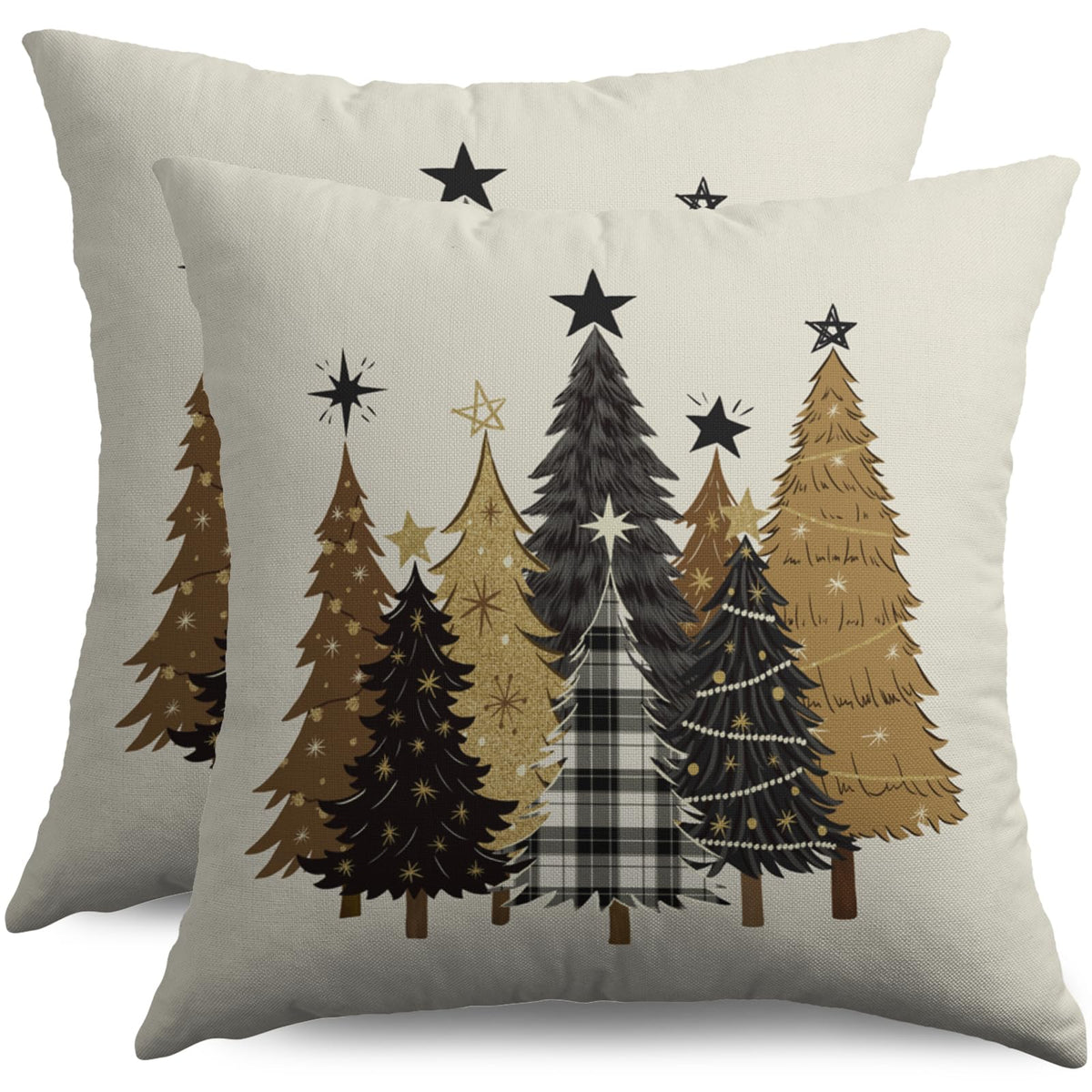 Christmas Pillow Covers 18X18 Set of 2, Black Gold Brown Xmas Tree Buffalo Plaid Print