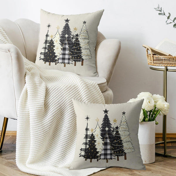 Christmas Pillow Covers 18X18 Set of 2, Black Cream Xmas Tree Buffalo Plaid Decorative
