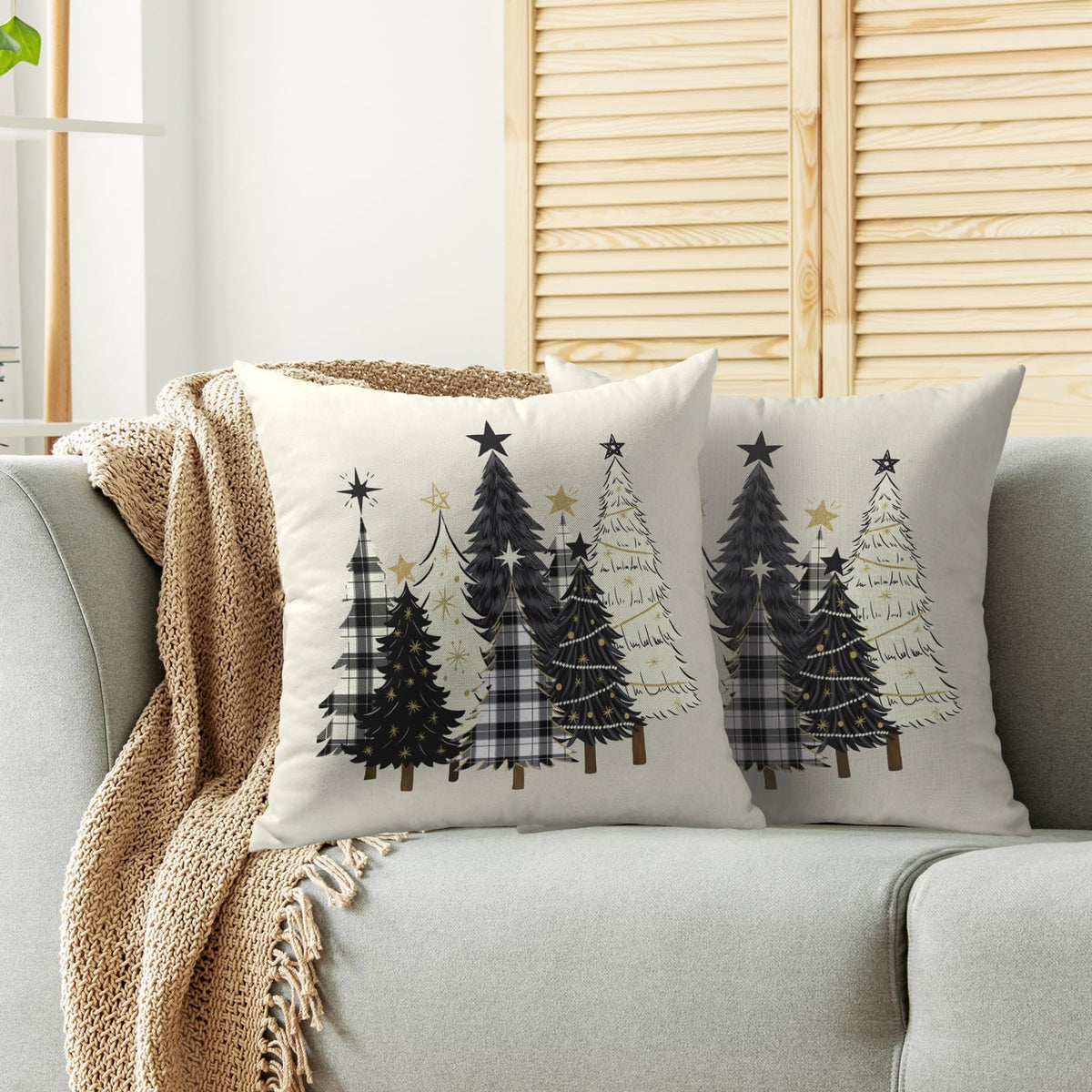 Christmas Pillow Covers 18X18 Set of 2, Black Cream Xmas Tree Buffalo Plaid Decorative