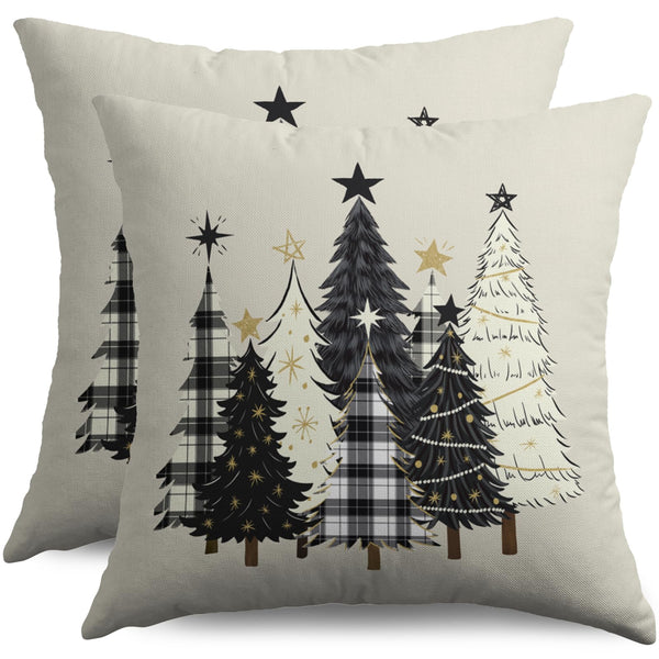 Christmas Pillow Covers 18X18 Set of 2, Black Cream Xmas Tree Buffalo Plaid Decorative