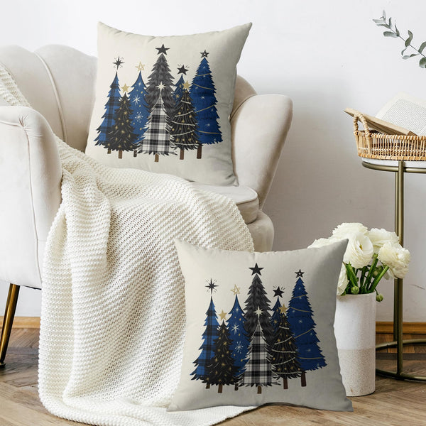 Christmas Pillow Covers 18X18 Set of 2, Black Blue Xmas Tree Buffalo Plaid Print