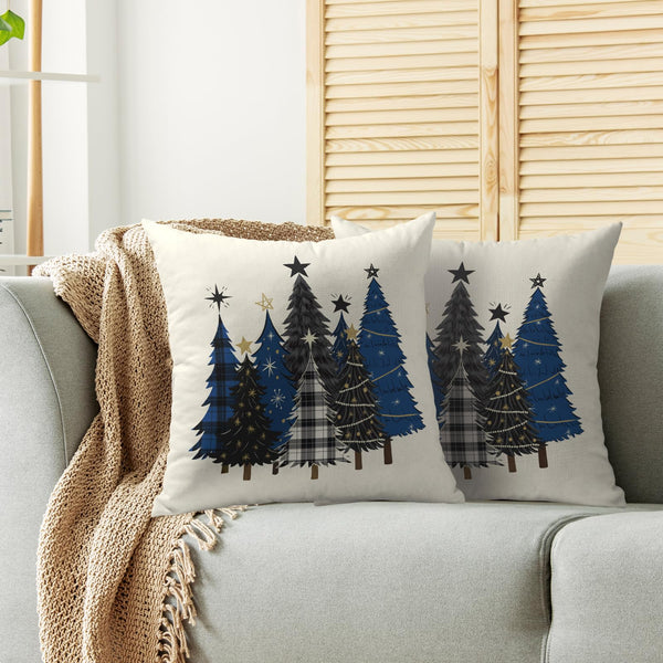 Christmas Pillow Covers 18X18 Set of 2, Black Blue Xmas Tree Buffalo Plaid Print