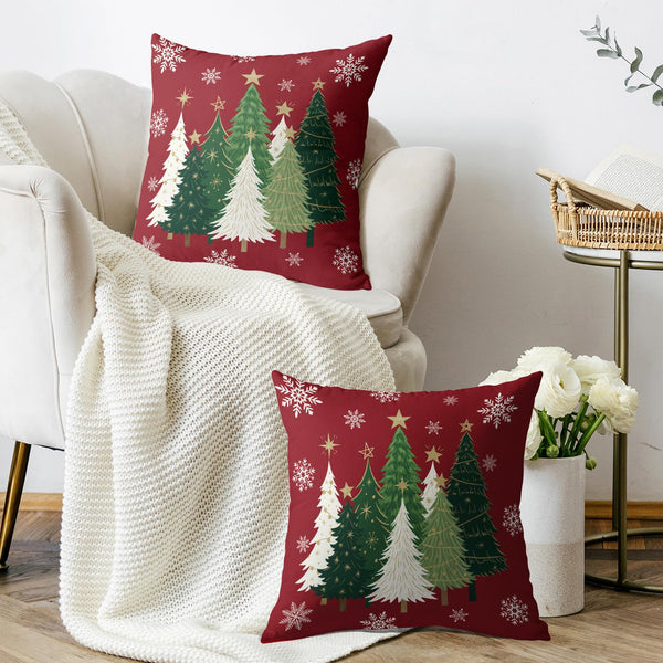 Christmas Pillow Covers 18X18 Set of 2, Green White Xmas Tree Snowflake Dark Red Winter