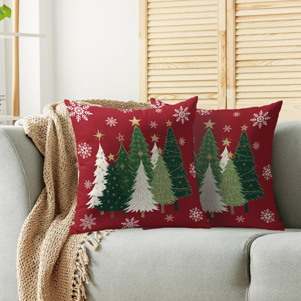 Christmas Pillow Covers 18X18 Set of 2, Green White Xmas Tree Snowflake Dark Red Winter