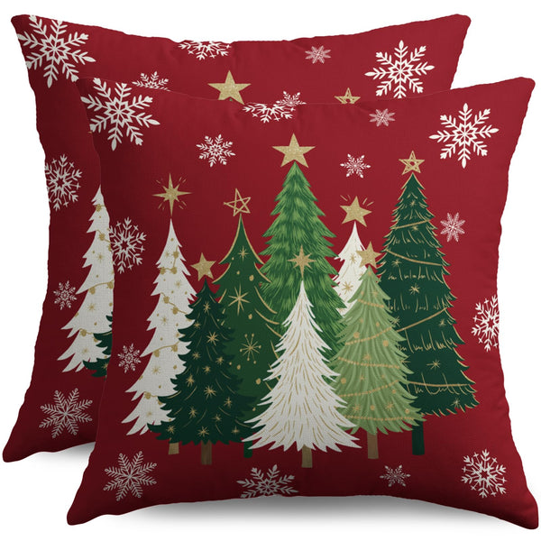 Christmas Pillow Covers 18X18 Set of 2, Green White Xmas Tree Snowflake Dark Red Winter